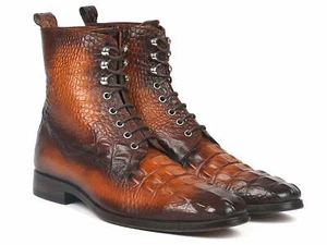 Paul Parkman Men's Brown Croco Embossed Leather Lace-Up Boots (ID#BT744-BRW) - Picture 1 of 6
