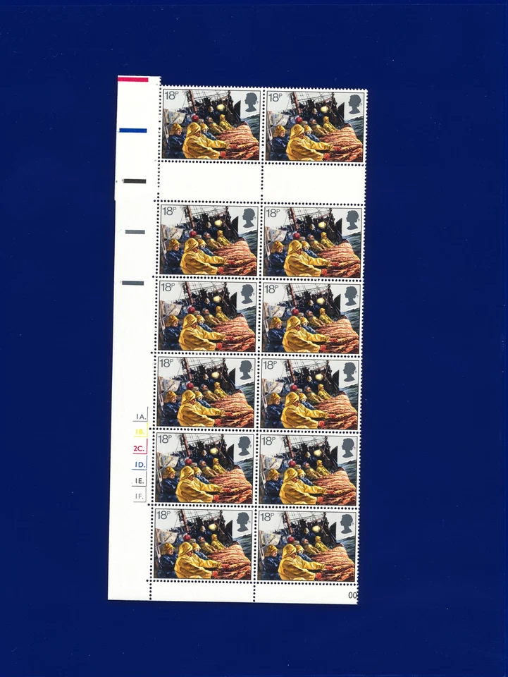1981 SG1167 18p Fishing Industry W497 Cylinder Dot Gutter Block MNH UMM latg - Image 1 of 2