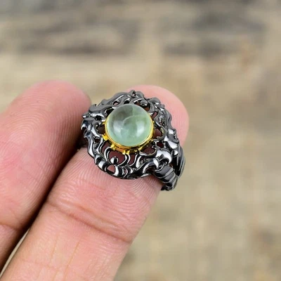 Кольцо из стерлингового серебра 925 пробы с черным и золотым покрытием Prehnite - Южная Африка S.8 R7030 - Изображение 1 из 4