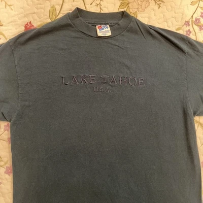 Rare Vtg 1990s Lake Tahoe USA Embroidered Shirt Blue Size L Large - Image 1 of 4