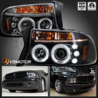 Black Fits 1997-2004 Dodge Dakota 98-03 Durango LED Halo Projector Headlights - Image 1 of 4