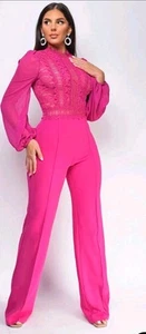 Emprada Lace Jumpsuit Woman XL Pink High Neck Long Sleeve Elegant Dressy - Picture 1 of 5