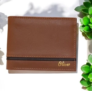 Cartera de cuero marrón personalizada plegable - nombre grabado en ambos lados regalo - Imagen 1 de 4