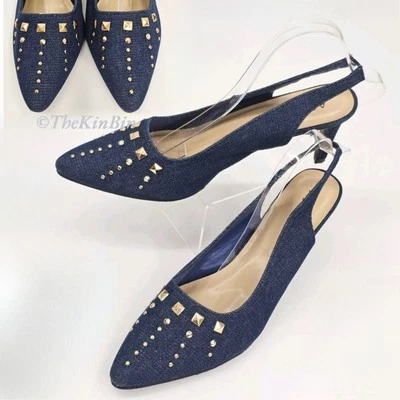 Zapatos de salón de vestir Ashro Cheryl talla 12M índigo de mezclilla azul dorado con tachuelas usados en excelente estado Foto 1 de 4