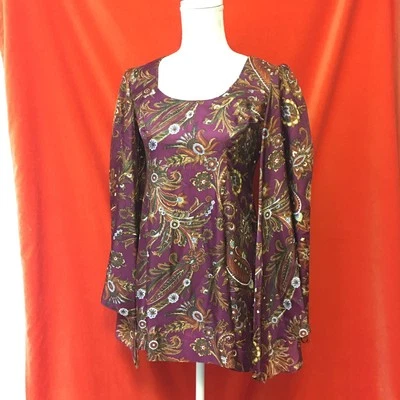 Vtg 70s Young Victorian by Arpeja flared sleeve mini dress burgundy paisley s-m - Image 1 of 4