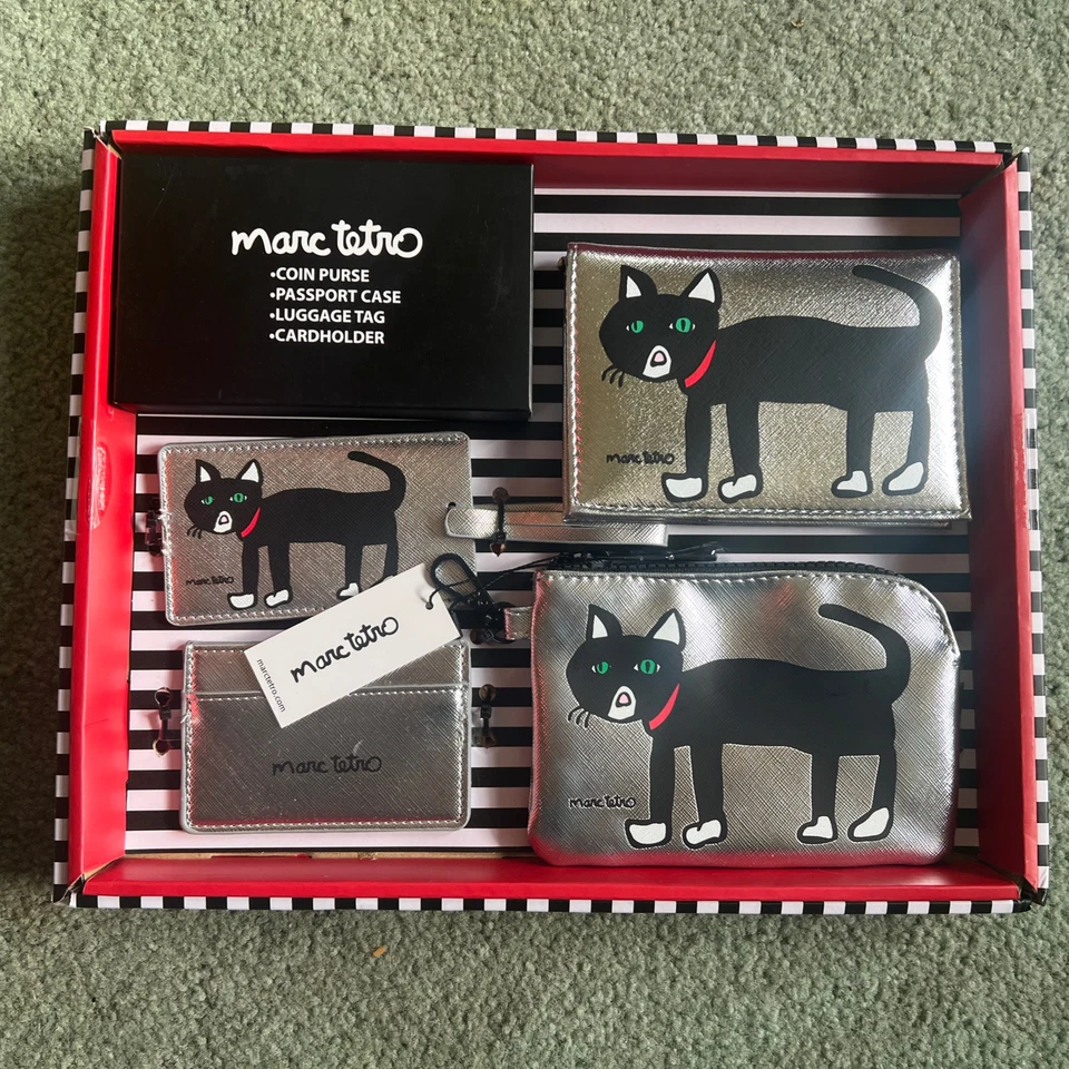 Marc Tetro Cat Theme Silver Travel Set Pouch Luggage Tag Cardholder Passport NIB - Image 1 of 1