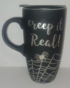 Cobwebs Cauldrons Creep It Real Black 22oz Large Ceramic Travel Lid Mug - Picture 1 of 10
