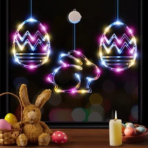 Easter Decorations Eggs Bunny Multicolor Hanging Window LED Lights Gift 3 Pack - Picture 1 of 12