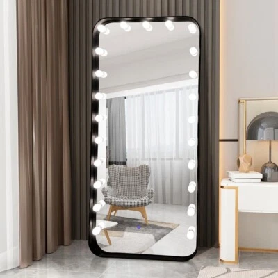 BLACK HOLLYWOOD STYLE 6' STANDING MIRROR WITH LED BULBS LIGHTS BLUETOOTH SPEAKER - Image 1 of 4