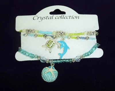 Ocean Life  Charm Stretch Bracelet Crystal Collection Shell Dolphins and Turtle - Image 1 of 4