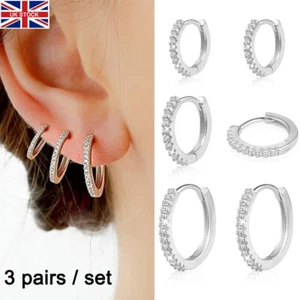 3pairs 925 Sterling Silver Crystal Hoop Earrings Jewellery Women Girls Gift UK - Picture 1 of 18