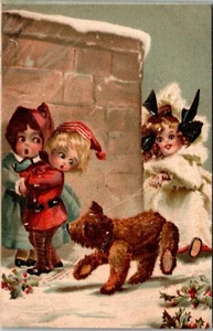 1907 Postcard Cute Girl Walking A Teddy Bear Snow Kids Holly Berries JK7 - Picture 1 of 2