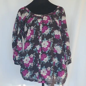 H&M Women's Floral Blouse Purple Size 12 L Sheer Button Up Colorful Bell Sleeves - Picture 1 of 15