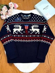 Polo Ralph Lauren ReinDeer Snowflake Jacquard Wool Jumper Sweater Navy Blue sz L - Picture 1 of 24