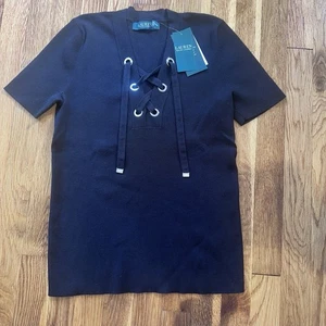 Camicia donna Ralph Lauren nera in maglia stringata scollo a V taglia grande cotone nylon - Foto 1 di 14