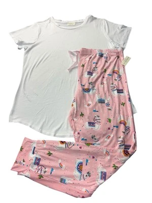 Conjunto de pijama Bobbie Brooks 2 peças 1X plus túnica branca top e calça rosa estampa de lhama - Imagem 1 de 4