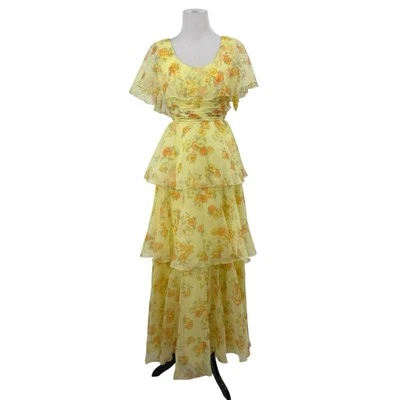 Vestido Floral Amarillo Vintage Gasa Maxi Volantes Southern Belle Cottagecore XS Foto 1 de 4