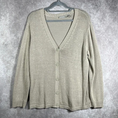 Cardigã Nordstrom suéter feminino tamanho XL mistura de linho bronzeado malha dinheiro antigo vovó - Imagem 1 de 4