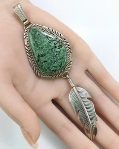 W Dentedale Navajo Native American Sterling Silver Turquoise Feather 5" Pendant - Picture 1 of 4