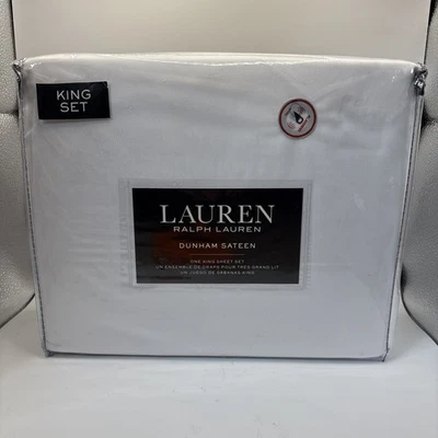 Juego de sábanas Lauren Ralph Lauren Dunham satén KING 4 PIEZAS blanco liso 100 % algodón NUEVO Foto 1 de 4