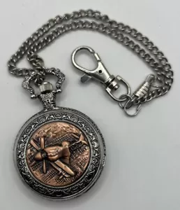 Copper and Silver Tone Quartz Full Hunter Pocket Watch Spitfire Plane - Picture 1 of 4
