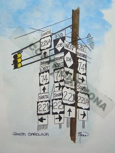 VOR GPS, Stopplicht, Verkehrsschilder in South Carolina, Line & Wash Aquarell - Bild 1 von 3