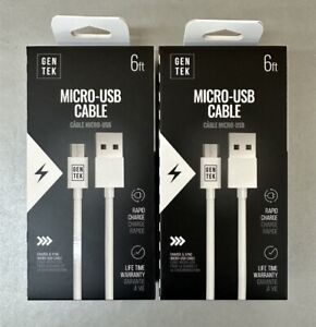 Lot of 2 Gentek Micro-USB Rapid Charge & Sync Cable 6ft - White