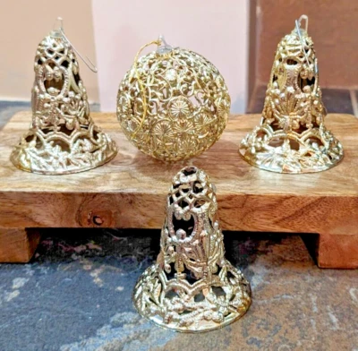 Plastic Vintage Bells And Ball Gold Christmas Ornament Lot Of 4 - Image 1 of 4