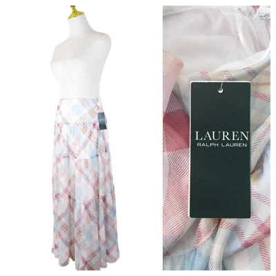 Lauren Ralph Lauren Womens Light Pink Blue Plaid A Line Maxi Skirt Size 2 $135 - Image 1 of 4