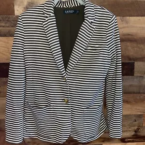 Lauren Ralph Lauren Sz L White/Green Stripe Blazer Jacket Cotton Blend Womans - Picture 1 of 8