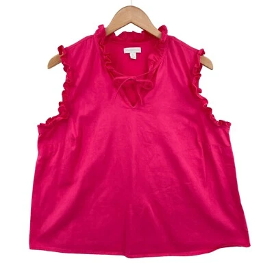 Camiseta sin mangas Charter Club para mujer PXL rosa algodón volantes cuello en V cordón pulóver Foto 1 de 4