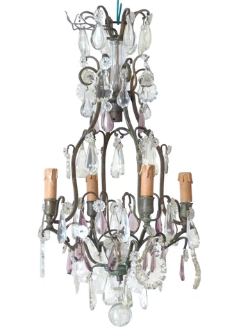 19TH French Antique Crystal Prisms Plaques Drops Cage Chandelier Purple Brass Cover
