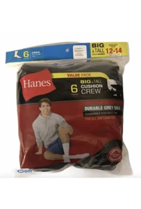 HANES Big & Tall 6 PAIRS Cushion Crew SOCKS Black SHOE SIZE 12-14 New - Picture 1 of 6