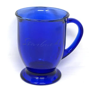 Starbucks Coffee Mug Cobalt Blue Glass Pedestal Anchor Hocking Etched Name Logo - Picture 1 of 15