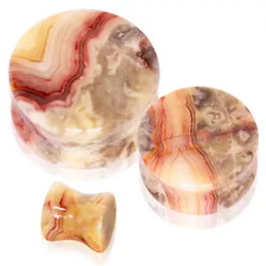 Pair Natural Crazy Lace Agate Stone Saddle Plug Double Flare Ear Lobe Plug E621 - Picture 1 of 3