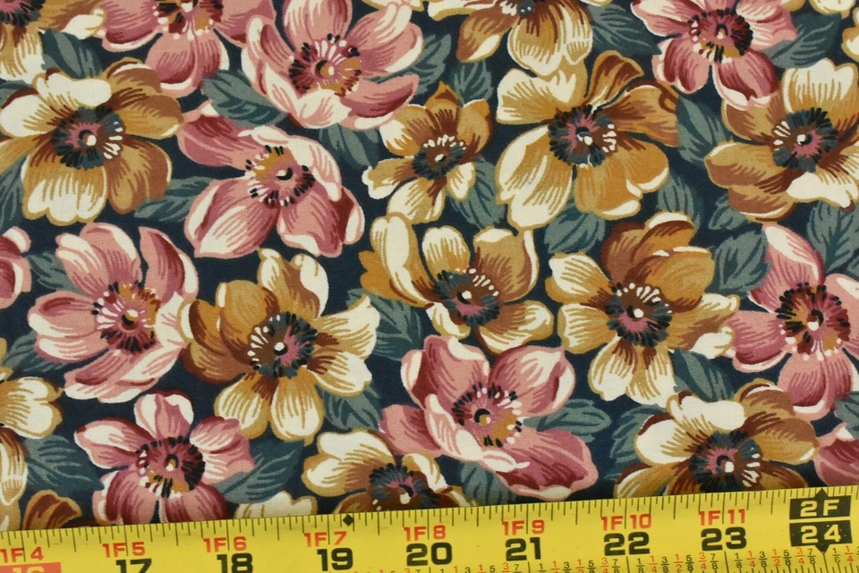 25" Long, Pink & Gold Floral on Green Quilt Cotton, Thimbleberries, P5611 - Image 1 of 4