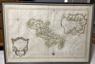 Антикварная карта острова Мартиника Жака Беллина 18 век ручная цветная печать - Изображение 1 из 2