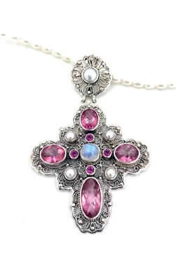 Nicky Butler Sterling Silver Pink Quartz Rhodolite Cross Pendant Pearl Necklace - Image 1 of 4