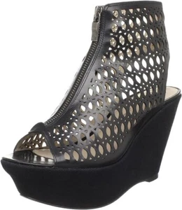 House of Harlow Black Leather Open Toe Bootie Platform Sandals Fionna Laser Cut - Picture 1 of 9