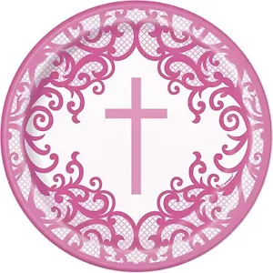 Pink Cross Paper Plates Small 18cm Communion Confirmation Christening Party x 8 - Picture 1 of 1