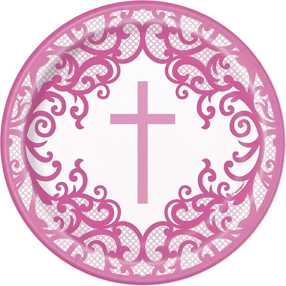 Pink Cross Paper Plates Small 18cm Communion Confirmation Christening Party x 8 - Image 1 of 1