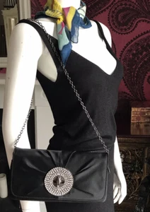 BNWT OLGA BERG BLACK SATIN CLUTCH/SHOULDER BAG WITH DIAMANTÉ TWIST LOCK CLASP - Picture 1 of 11