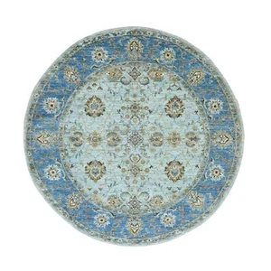 7'2"x7'2" Blue All Over Flower Design Pure Wool Hand Knotted Round Rug G76143 - Picture 1 of 11