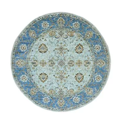 7'2"x7'2" Blue All Over Flower Design Pure Wool Hand Knotted Round Rug G76143 - Image 1 of 4