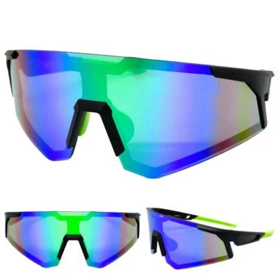 OVERSIZED SPORTS WRAP Biker Cycling Shield SUNGLASSES Big Black Frame Green Lens - Image 1 of 4