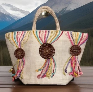 Vintage Medium Woven Straw Tote Bag w/ Raised Raffia Color Embroidery - Mexico - Picture 1 of 9