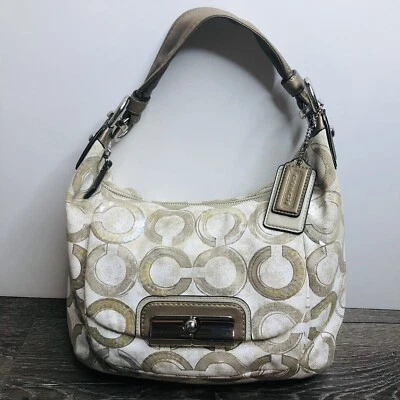 Bolso de hombro de lona COACH Kristin lentejuelas Op Art Hobo beige caqui # L1082-16791 Foto 1 de 4