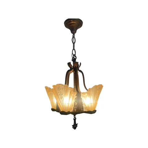Antique c1930s Art Deco Slip Shade Chandelier Rare Consolidated Glass Restored Cover