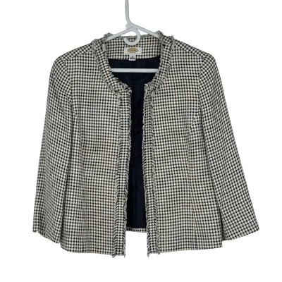 Talbots 12P Blue/White Cotton/Viscose Lined Houndstooth Print Blazer w Fringe - Image 1 of 4