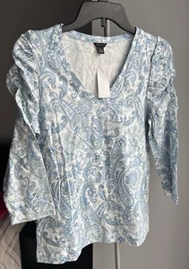 Ann Taylor Shirt Women  XS White/Blue Puff Sleeve Paisley Print V Neck Top NWT - Picture 1 of 5
